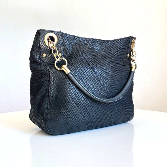 Cynthia Rowley Black Snake Reptile Textured Leather Chain Link Hobo Shoulder Bag - Picture 1 of 9